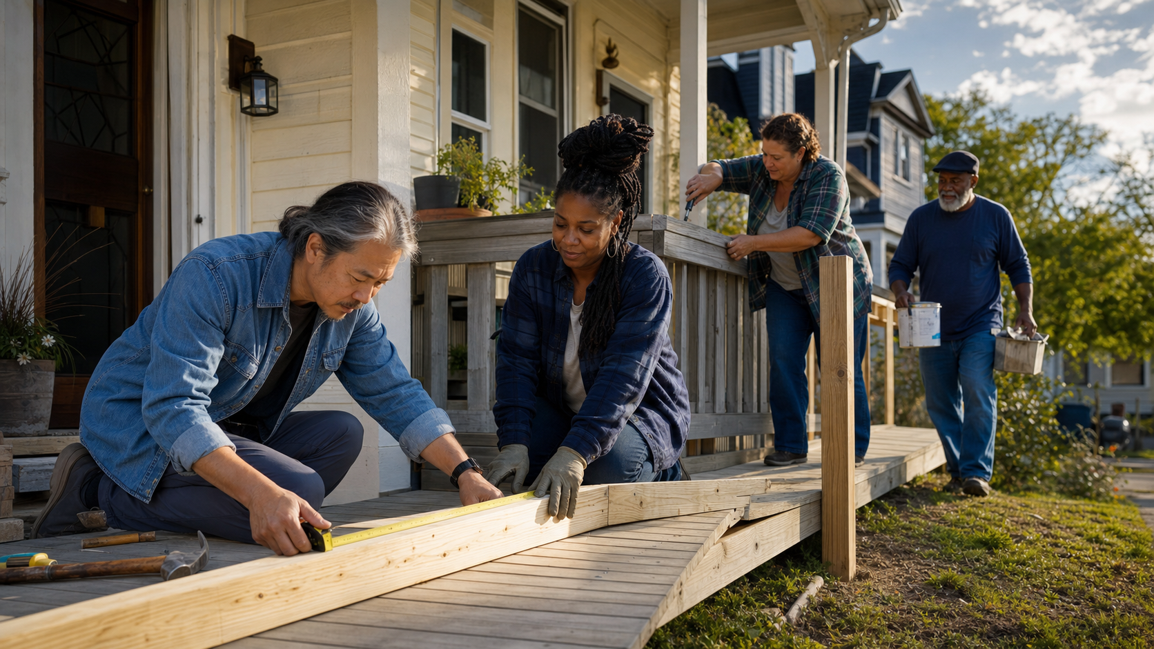 Neighbors working together with tools to build an accessible front-porch ramp.