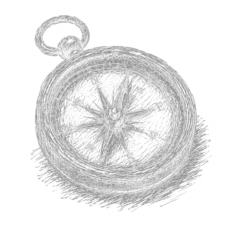 White ink sketch of a vintage compass.