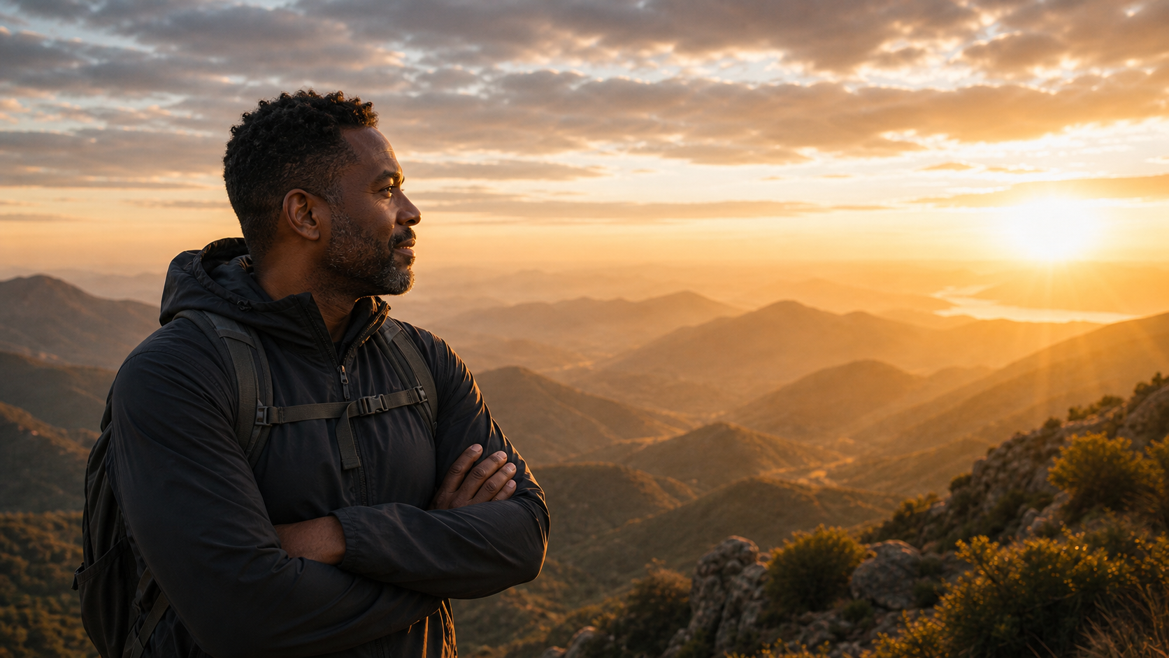 Black male hiker looking across a mountain landscape in warm golden-hour light.