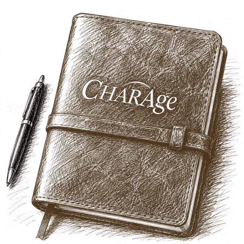 Brown ink sketch of a CharAge journal and pen.
